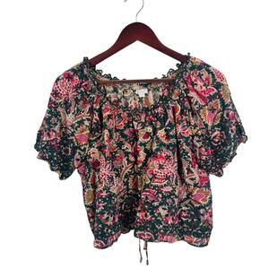 Jennifer & Grace Smocked Cotton‎ Cropped Blouse Paisley Boho Short Sleeve Size L